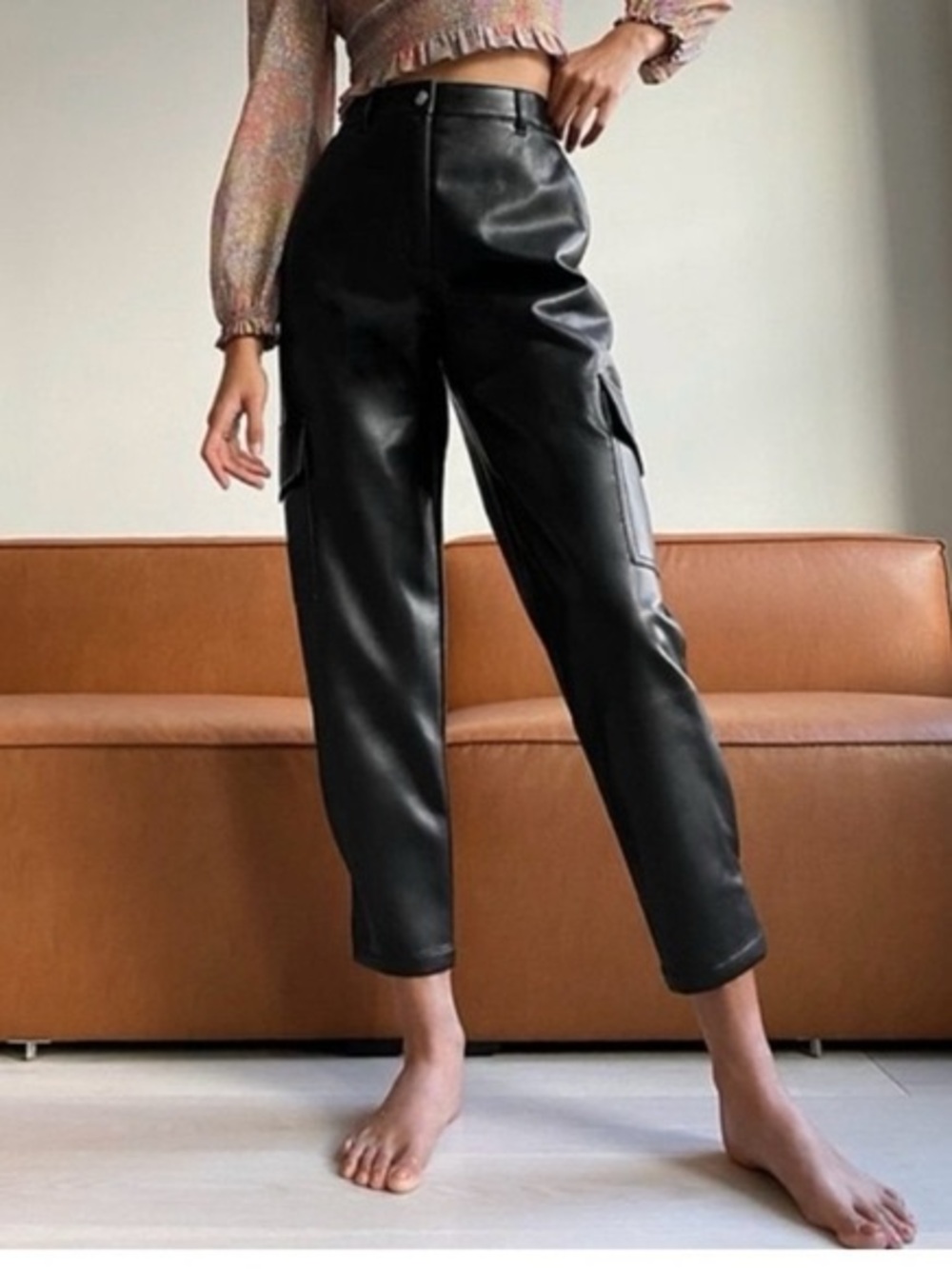 Wilfred Black Faux Leather Cropped Cargo Pants